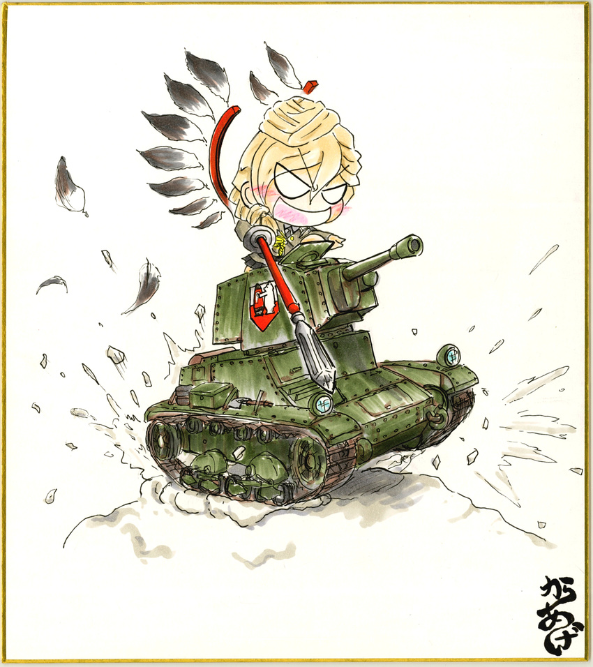 7tp absurdres artist_name blank_eyes blonde_hair bonple_(emblem) braid brown_jacket caterpillar_tracks commentary_request emblem feathers fourragere friedchicken girls_und_panzer girls_und_panzer_ribbon_no_musha ground_vehicle hair_bun highres hussar jacket jajka_(girls_und_panzer) lance long_hair long_sleeves military military_vehicle motor_vehicle necktie poland polearm polish_hussar shikishi tank uniform weapon winged_hussar wojtek