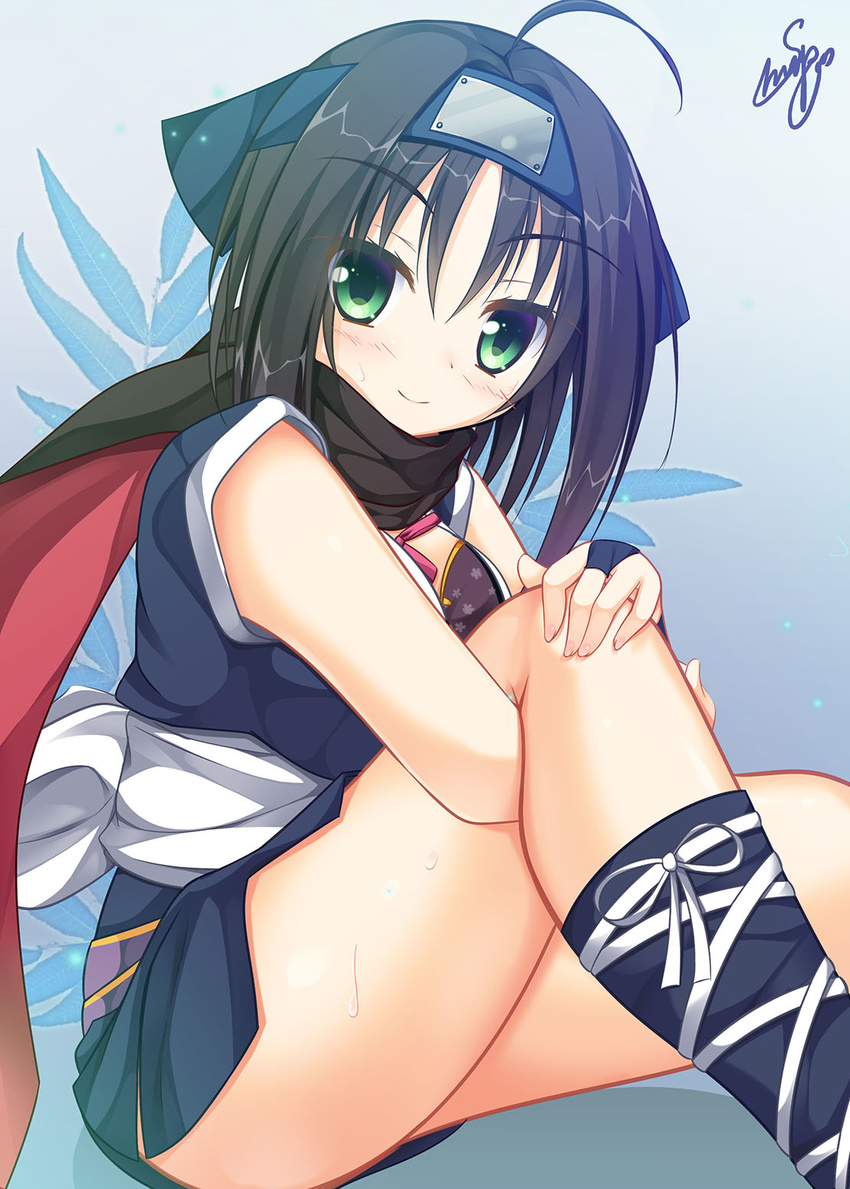 ahoge black_hair blush breasts eyebrows eyebrows_visible_through_hair forehead_protector green_eyes hair_ornament highres hitachi_mako japanese_clothes long_hair medium_breasts ninja scarf senren_banka shrimp_3 smile solo