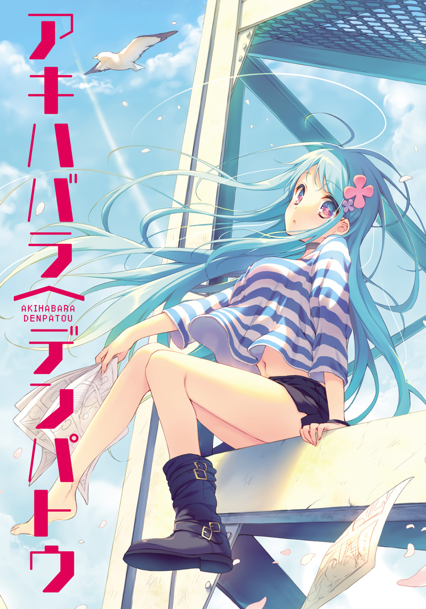 akihabara_denpatou barefoot bird black_footwear blue_hair boots breasts buckle cloud copyright_name day eyebrows eyebrows_visible_through_hair floating_hair flower foot_dangle girder grate hair_flower hair_ornament head_tilt highres holding horizontal_stripes knees_together_feet_apart large_breasts looking_at_viewer manga_(object) navel outdoors overhang paper parted_lips petals purple_eyes reia seagull shirt short_shorts shorts single_boot sitting sky solo striped striped_shirt sunlight text_focus wind wristband