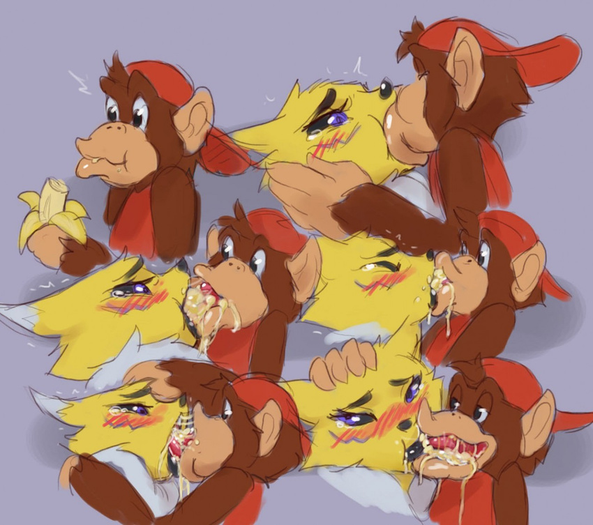 age_difference banana big_lips black_lips blush canine crossover diddy_kong digimon donkey_kong_(series) drooling extreme_french_kiss food food_play fox fruit humiliation interspecies kissing lips mammal monkey nintendo primate renamon saliva size_difference slobber tongue ungulatr video_games