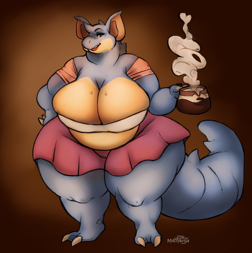 2016 abstract_background belly beverage big_belly big_breasts blue_skin breasts clothing coffee digital_media_(artwork) female grin hand_on_hip hi_res horn huge_breasts looking_at_viewer muttninja nidoqueen nintendo open_mouth overweight plantigrade pok&eacute;mon pok&eacute;morph solo standing tan_belly thick_thighs video_games wide_hips