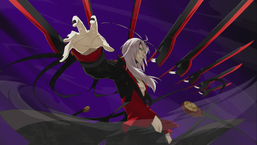 ahoge bishounen black_jacket black_nails black_pants blade blazblue chest green_eyes high_collar higuchi_konomi jacket long_hair long_sleeves male_focus multiple_wielding nail_polish no_eyebrows outstretched_arm pale_skin pants sechs_(xblaze_code:_embryo) solo source_request tailcoat weapon white_hair wind wind_lift xblaze xblaze_code:_embryo