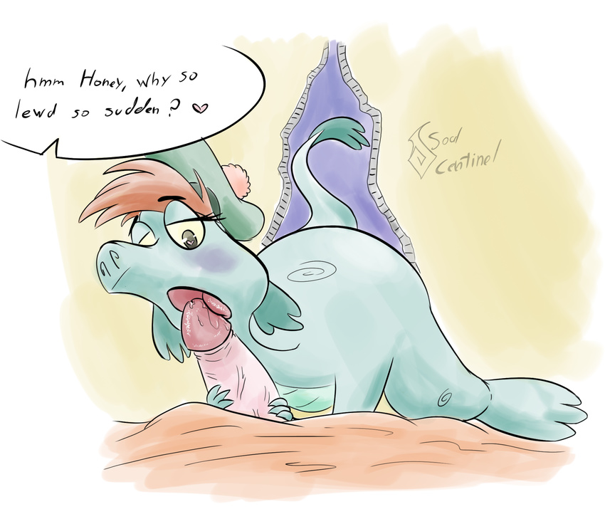 anthro blush brown_hair disney duo erection female green_scales hair hat licking loch_ness_monster male male/female mammal marine nessie open_mouth oral penis scales scalie simple_background soulcentinel the_ballad_of_nessie tongue tongue_out