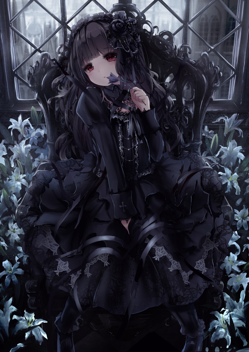 :o armchair bangs between_legs black_dress black_flower black_footwear black_hair black_rose blunt_bangs chair dark detached_collar dress eyebrows eyebrows_visible_through_hair flower gothic gothic_lolita hair_flower hair_ornament hairband hand_between_legs head_tilt highres holding holding_flower indoors knees_together_feet_apart lily_(flower) lolita_fashion lolita_hairband long_hair long_sleeves looking_at_viewer missile228 original red_eyes rose shoes sitting solo very_long_hair window