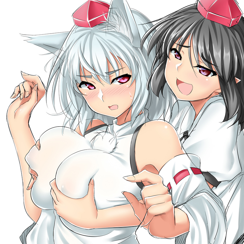 :d absurdres animal_ears armpits bare_shoulders black_hair black_ribbon blush breast_grab breasts commentary covered_nipples detached_sleeves dress_shirt grabbing grabbing_from_behind groping hat highres inubashiri_momiji large_breasts long_sleeves looking_at_another mokkori9 multiple_girls neck_ribbon nose_blush open_mouth pointy_ears pom_pom_(clothes) red_eyes ribbon shameimaru_aya shirt short_hair silver_hair sleeveless sleeveless_shirt smile sweat tokin_hat touhou upper_body white_shirt wide_sleeves wolf_ears yuri