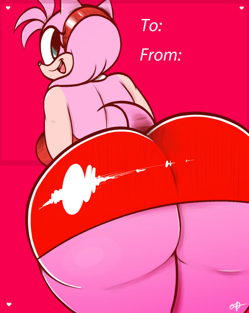 &lt;3 amy_rose backless_dress bent_over big_butt breasts bubble_butt butt clothing dress english_text eulipotyphlan eyelashes female green_eyes hairband hedgehog hi_res holidays looking_back mammal open_mouth open_smile ota_(artist) portrait presenting presenting_hindquarters rear_view signature smile solo sonic_(series) text three-quarter_portrait valentine's_day valentines_day_cardred_bg