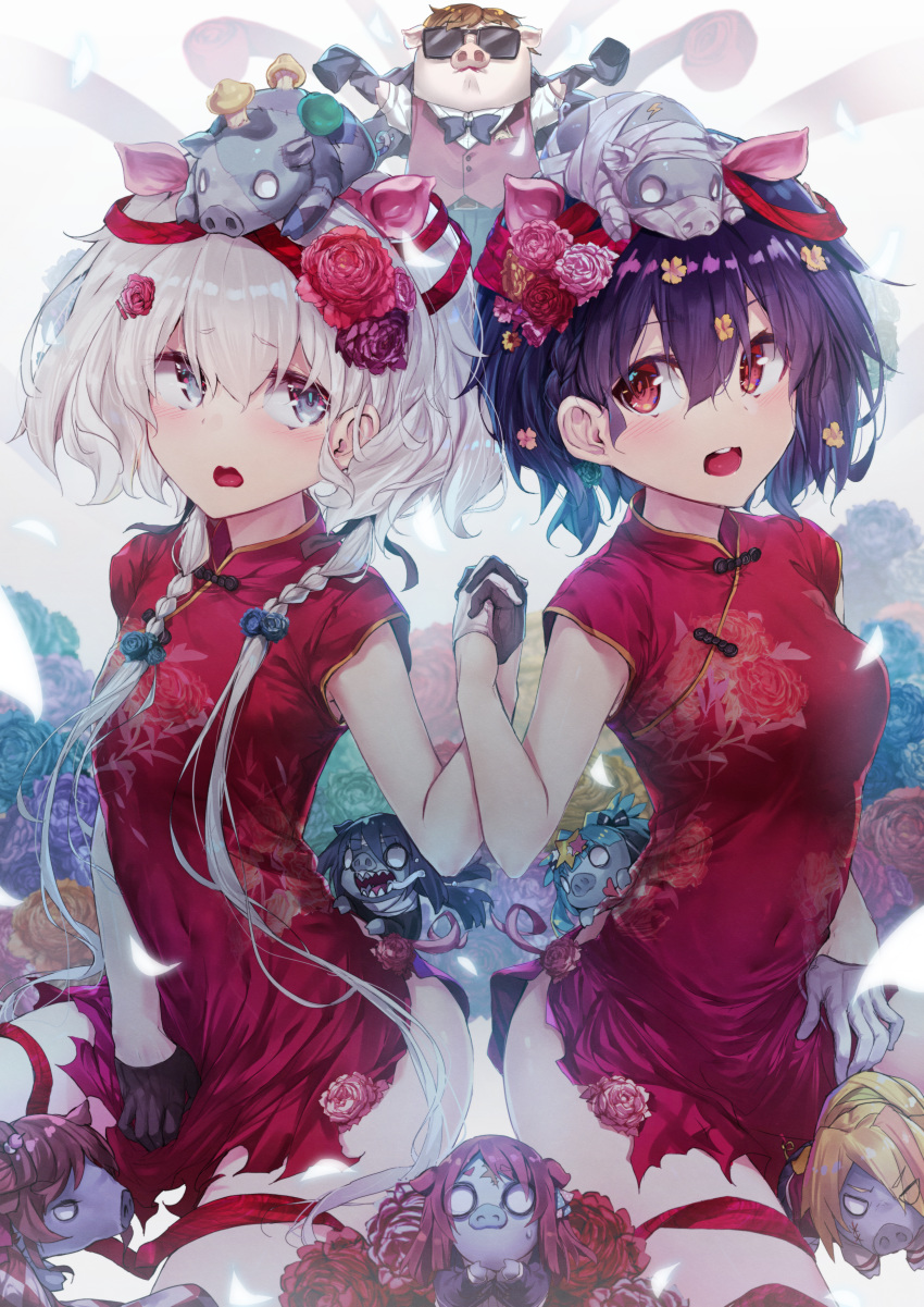 2girls absurdres animalization bandage black_gloves black_hair braid china_dress chinese_clothes commentary_request dress eyebrows_visible_through_hair flower gloves hair_between_eyes hair_flower hair_ornament hand_holding highres huge_filesize konno_junko long_hair low_twintails mizuno_ai multiple_girls mushroom open_mouth pig red_dress red_eyes rose short_dress short_hair silver_hair sleeveless sleeveless_dress twintails white_gloves xiaowei_(xxx29042536) zombie zombie_land_saga