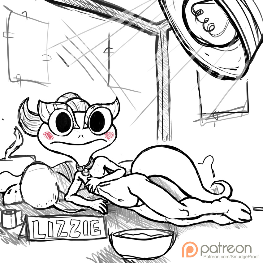 anthro basking blush collar door female heat_lamp lizzie looking_at_viewer lying naked_collar navel nude patreon pet petplay pillow roleplay scalie smudge_proof solo teenager terrarium toilet_paper water_bowl young