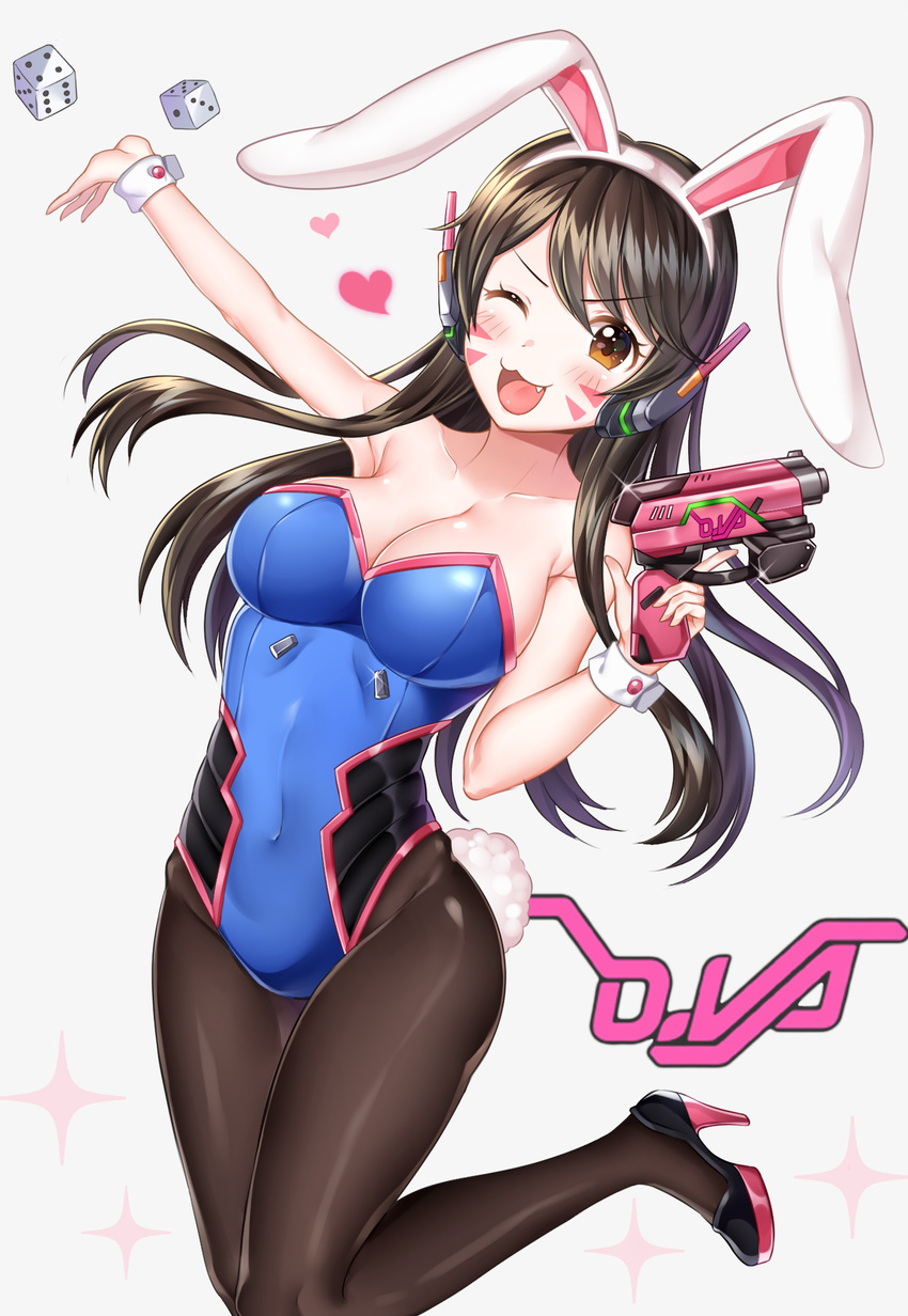 adapted_costume animal_ears arm_up armpits bangs bare_shoulders blue_leotard blush breasts brown_eyes brown_hair bunny_ears bunny_girl bunny_tail bunnysuit cleavage collarbone covered_navel cowboy_shot d.va_(overwatch) dice eyebrows eyebrows_visible_through_hair facepaint facial_mark fake_animal_ears fang groin gun hairband hand_up handgun heart high_heels highleg highleg_leotard highres holding holding_gun holding_weapon large_breasts leotard long_hair looking_at_viewer one_eye_closed open_mouth overwatch pantyhose simple_background sleeveless solo sparkle spoken_heart standing standing_on_one_leg strapless strapless_leotard tail thighs ubi_(ekdus6080) weapon whisker_markings white_background wrist_cuffs