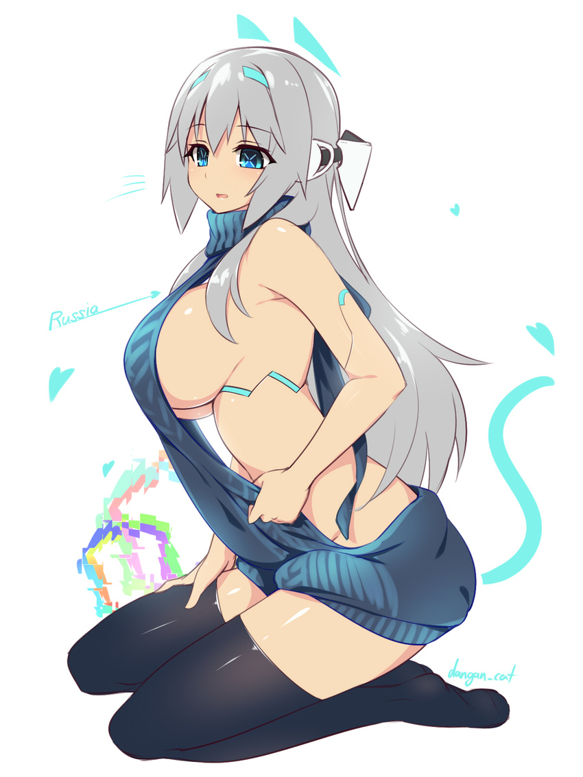 android artist_name backless_dress backless_outfit bare_back black_legwear blue_eyes blush breasts character_name dangan_neko dress grey_hair halterneck headgear highres large_breasts long_hair meme_attire naked_sweater open_mouth original russia_(dangan_neko) seiza sideboob sitting sleeveless sleeveless_turtleneck solo sweater sweater_dress symbol-shaped_pupils thighhighs turtleneck turtleneck_sweater virgin_killer_sweater