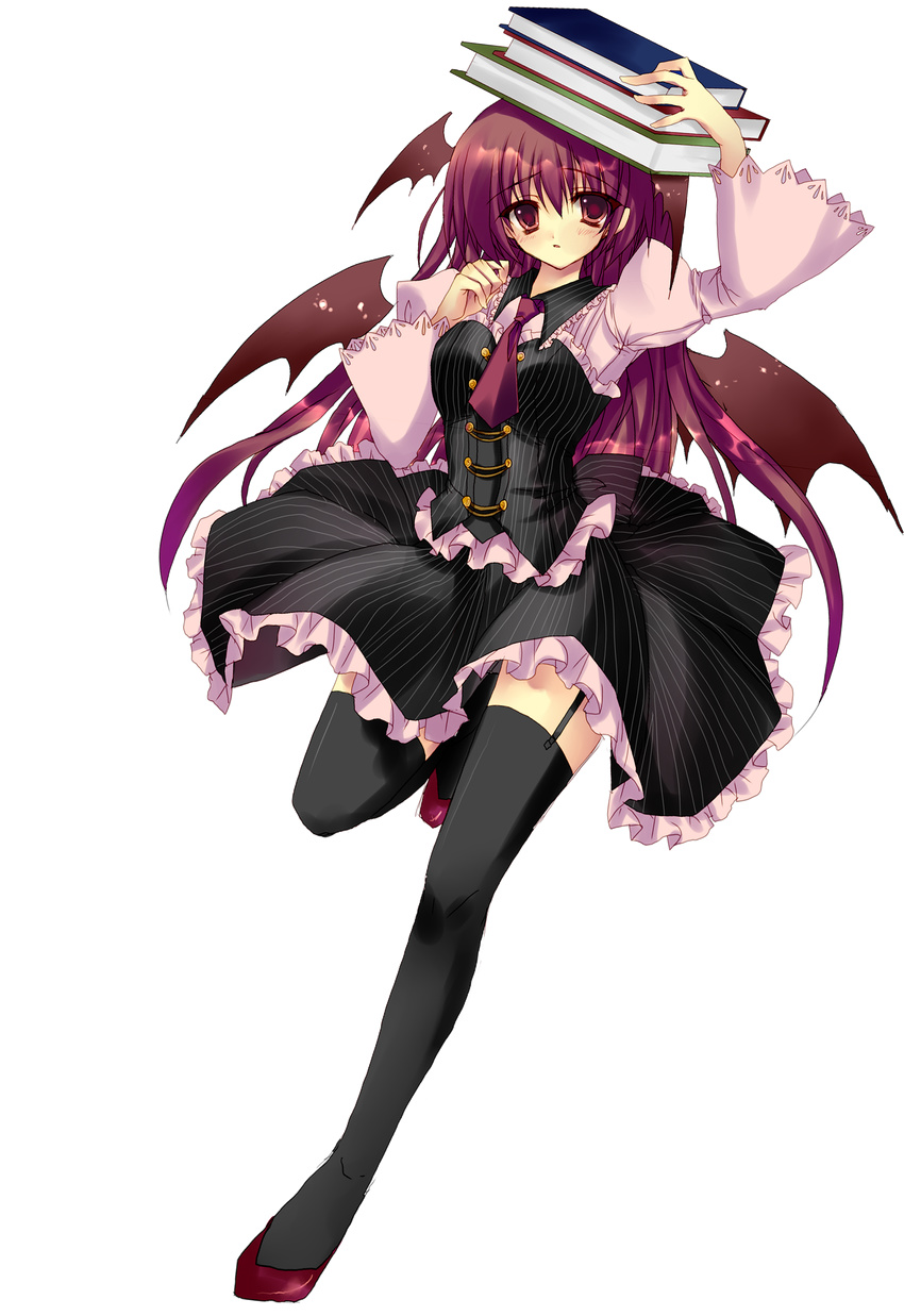 absurdres bad_id bad_pixiv_id bat_wings blush book full_body head_wings highres koakuma long_hair matsumiya_kiseri necktie red_eyes red_hair skirt solo thighhighs touhou transparent_background wings