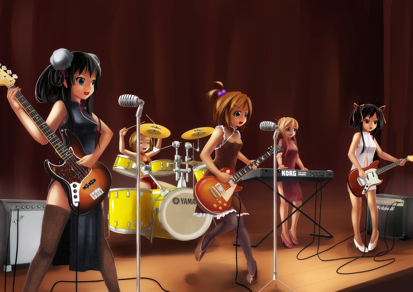 absurdres akiyama_mio amplifier artist_request black_hair blonde_hair blue_eyes brown_eyes brown_hair bun_cover china_dress chinese_clothes dress drum drum_set drumsticks fender fender_mustang gibson guitar high_heels highres hirasawa_yui instrument jazz_bass k-on! keyboard_(instrument) korg kotobuki_tsumugi les_paul long_hair marshall microphone microphone_stand multiple_girls nakano_azusa shoes short_hair stage tainaka_ritsu thighhighs twintails vintage_microphone yamaha