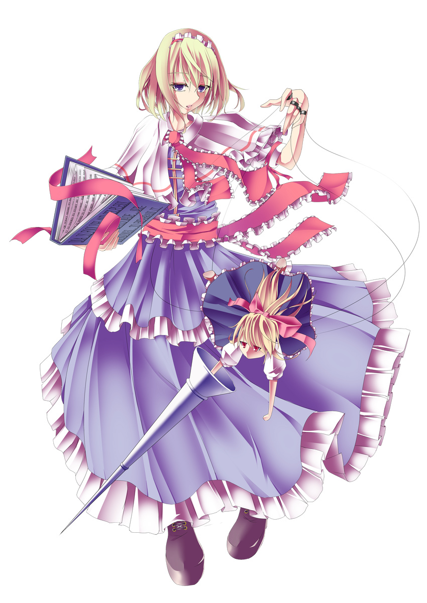 absurdres alice_margatroid blonde_hair blue_eyes book bow dress full_body gumitaroo highres lance long_hair maid_headdress polearm ponytail red_eyes ribbon shanghai_doll shoes short_hair solo string touhou transparent_background weapon wire