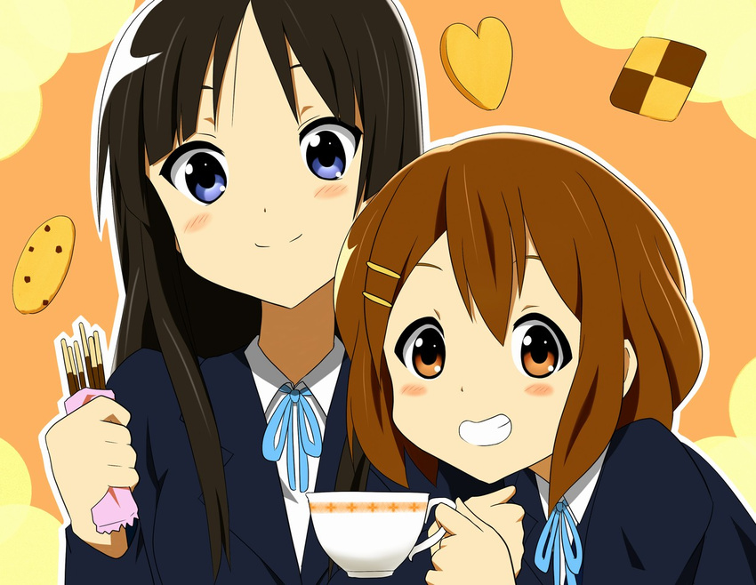 akiyama_mio bad_id bad_pixiv_id black_eyes blue_eyes blush brown_eyes brown_hair checkerboard_cookie cookie cup food grin hair_ornament hairclip hirasawa_yui k-on! long_hair multiple_girls pocky school_uniform short_hair smile teacup tsuchifumazu