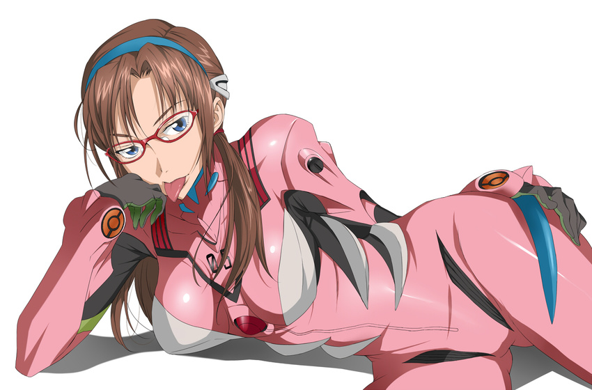 bad_id bad_pixiv_id blue_eyes bodysuit brown_hair chin_rest evangelion:_2.0_you_can_(not)_advance glasses hairband hand_on_thigh line9 lying makinami_mari_illustrious neon_genesis_evangelion on_side pink_bodysuit rebuild_of_evangelion shadow simple_background solo tongue twintails