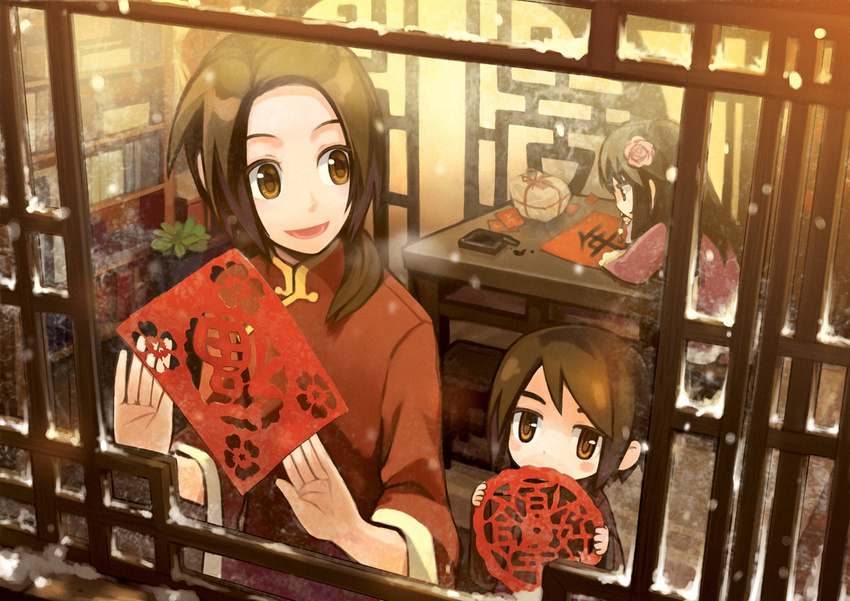 2boys :d against_glass axis_powers_hetalia bangs bench black_hair blush_stickers bookshelf box brown_eyes brown_hair calligraphy_brush changpao child china_(hetalia) chinese_clothes decorating flower from_outside hair_flower hair_ornament hair_over_shoulder hong_kong_(hetalia) ink inkwell long_hair long_sleeves looking_at_another looking_at_viewer looking_to_the_side low_ponytail multiple_boys new_year open_hand open_mouth paintbrush pink_flower plant potted_plant sitting smile snow snowing table taiwan_(hetalia) verus wide_sleeves window wooden_table writing