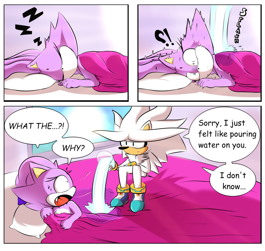 anonymous_artist anthro bed bedding bedroom blanket blaze_the_cat comic container cup domestic_cat duo english_text eulipotyphlan felid feline felis female furniture glass glass_container glass_cup hedgehog hi_res male mammal nude sega silver_the_hedgehog sleeping sonic_the_hedgehog_(series) speech_bubble text water wet