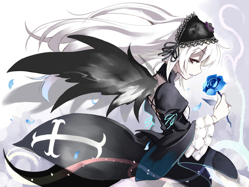 blue_flower blue_rose dress flower frills highres holding holding_flower long_hair petals red_eyes reversed ribbon rose rose_petals rozen_maiden silver_hair solo suigintou ushiki_yoshitaka wallpaper white_hair wings