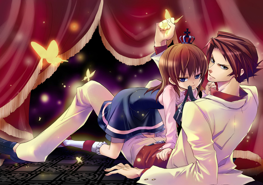 1girl blue_eyes brown_hair bug butterfly cousins crown curtains dress girl_on_top highres insect jacket mouth_hold natsumi_kei necktie official_art red_hair red_shirt shirt short_hair umineko_no_naku_koro_ni ushiromiya_battler ushiromiya_maria