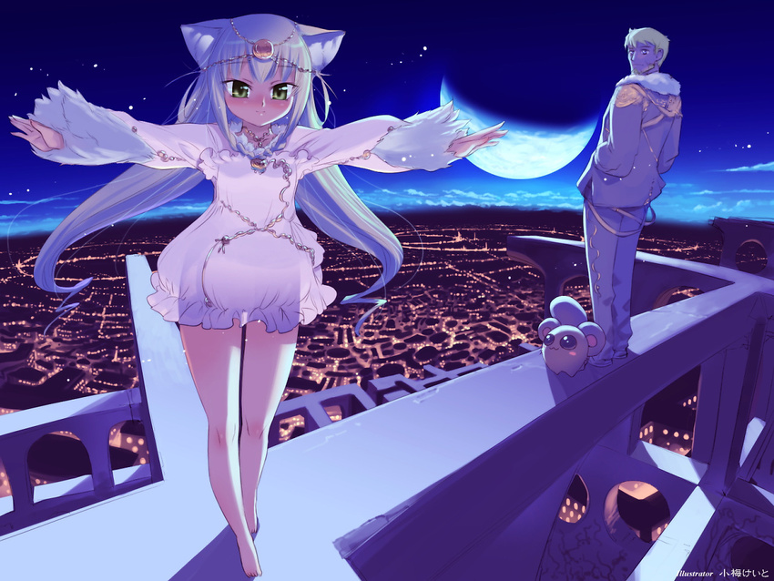1girl animal_ears arch bare_legs barefoot blonde_hair blue_eyes breasts cat_ears cityscape creature crescent_moon green_eyes koume_keito lavender_hair long_hair moon night night_sky outstretched_arms planet see-through short_hair sky small_breasts spread_arms star very_long_hair wallpaper