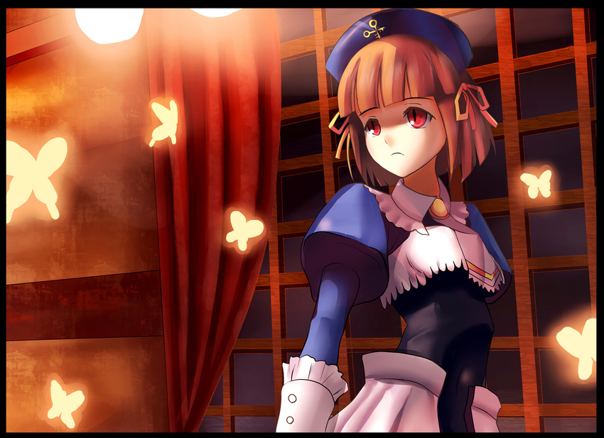 brown_hair bug butterfly cornelia_(umineko) eiserne_jungfrau hat highres insect red_eyes ribbon short_hair solo sumisuzu umineko_no_naku_koro_ni