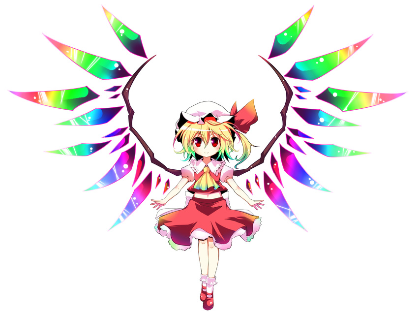 absurdres alternate_wings bell_(oppore_coppore) blonde_hair flandre_scarlet full_body gradient_hair hat hat_ribbon highres multicolored_hair ponytail red_eyes ribbon short_hair side_ponytail solo standing touhou transparent_background wings