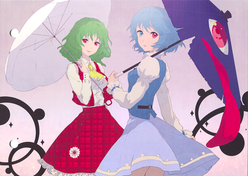 ascot blue_hair egawa_satsuki eyes green_hair heterochromia highres karakasa_obake kazami_yuuka looking_back multiple_girls parasol plaid plaid_skirt plaid_vest puffy_sleeves purple_umbrella red_eyes short_hair skirt skirt_set smile tatara_kogasa tongue touhou trait_connection umbrella unmoving_pattern vest