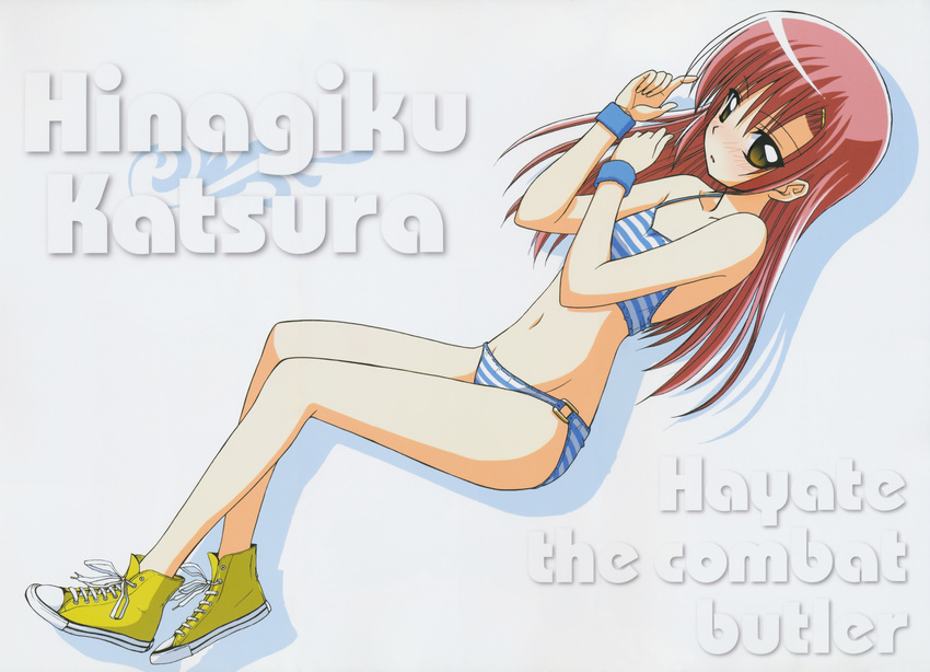 absurdres bikini blush hata_kenjirou hayate_no_gotoku hayate_no_gotoku! highres katsura_hinagiku legs long_hair lying navel pink_hair scan shoes solo swimsuit thighhighs yellow_eyes