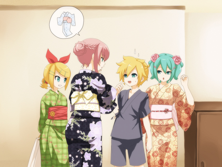 3girls alternate_hairstyle aqua_eyes aqua_hair blonde_hair flower hair_ornament hair_ribbon hairclip hatsune_miku highres japanese_clothes kagamine_len kagamine_rin kimono megurine_luka multiple_girls oumi_sanaka pink_hair ribbon rose scheming sweat vocaloid yukata