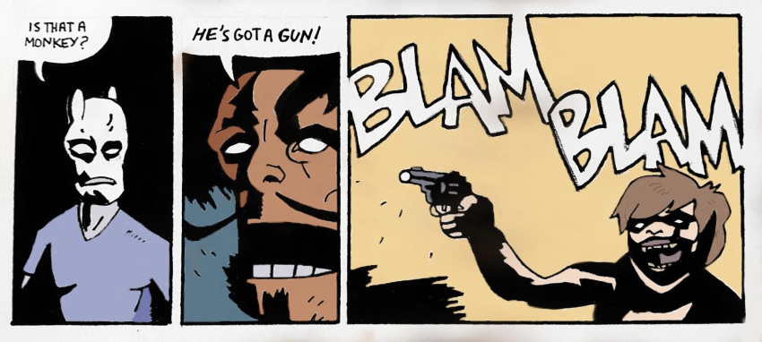 2017 alien black_hair brown_hair chris_o'neill clothed clothing comic ding_dong english_text facial_hair group gun hair handgun hellboy_(series) hi_res holding_gun holding_object holding_weapon human humanoid humor is_that_a_monkey julian_marcel male mammal meme mustache namoratron not_furry oney_plays parody ranged_weapon revolver sfw_nudity sound_effects speech_bubble style_parody text trio weapon