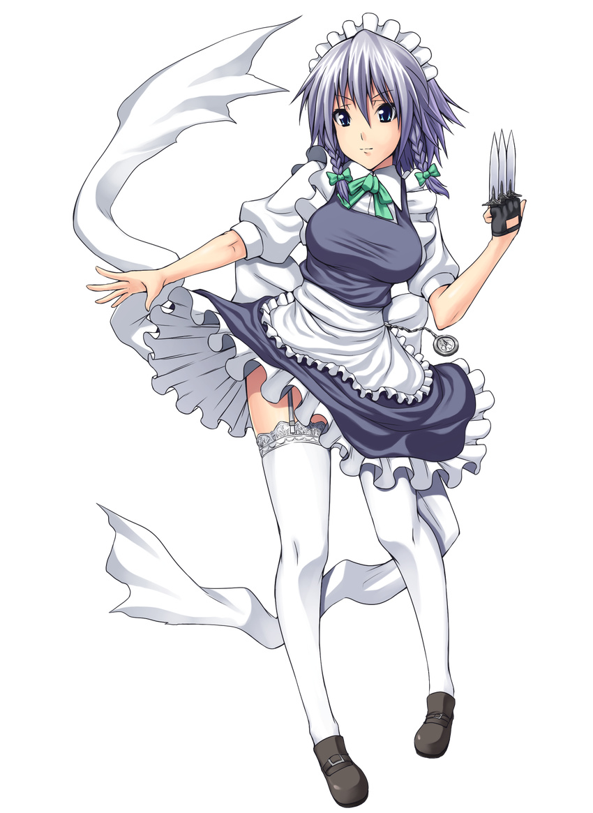 bad_id bad_pixiv_id blue_eyes braid full_body garter_straps highres izayoi_sakuya knife lace lace-trimmed_thighhighs legs maid short_hair silver_hair solo somejima standing thighhighs thighs touhou transparent_background twin_braids white_legwear