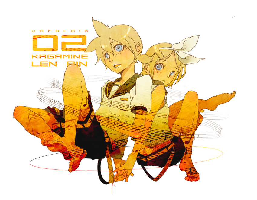 1girl back-to-back barefoot bass_clef beamed_eighth_notes blonde_hair blue_eyes brother_and_sister eighth_note eighth_rest english feet hair_ornament hair_ribbon hairclip holding_hands kagamine_len kagamine_rin lyrics musical_note quarter_note quarter_rest ribbon sachio sharp_sign sheet_music short_hair shorts siblings simple_background treble_clef twins vocaloid