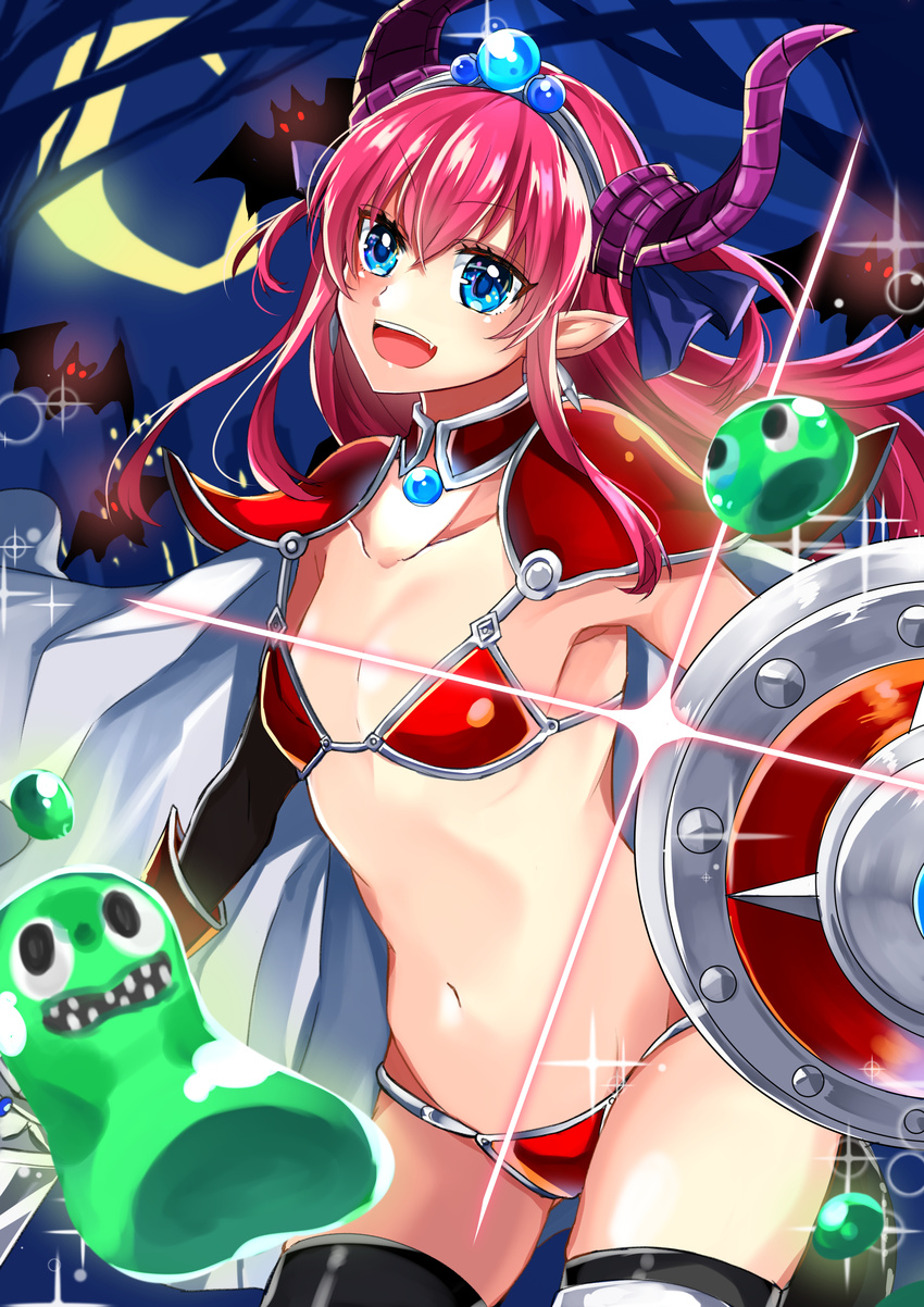 absurdres armor bat bikini bikini_armor bikini_bottom black_legwear blue_eyes broadsword cape choker curled_horns elizabeth_bathory_(brave)_(fate) elizabeth_bathory_(fate)_(all) fate/grand_order fate_(series) flat_chest highres horns horonosuke long_hair loose_bikini midriff navel oversized_clothes pauldrons pink_hair pointy_ears red_armor red_bikini shield silver_trim slime solo string_bikini swimsuit sword tail thighhighs tiara vambraces weapon white_cape