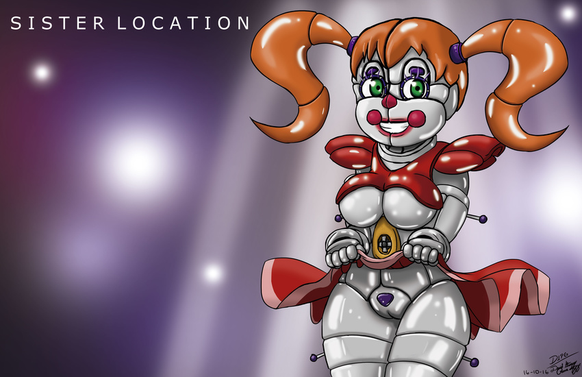 2016 animatronic baby_(fnafsl) big_breasts breasts bright_background digital_media_(artwork) dipgd female five_nights_at_freddy's glowing glowing_eyes green_eyes hair humanoid machine not_furry orange_hair presenting presenting_pussy pussy robot sister_location smile solo video_games