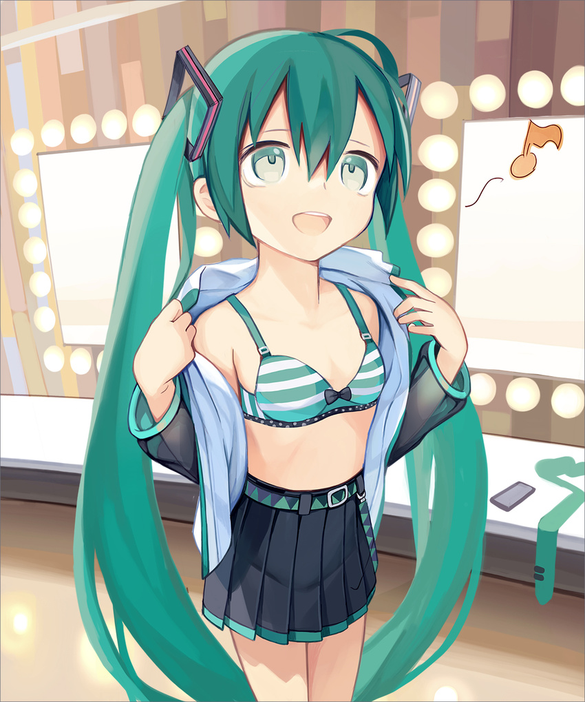 bow bra breasts desk detached_sleeves eighth_note green_eyes green_hair hatsune_miku highres kari_kenji long_hair music musical_note open_clothes open_mouth open_shirt shirt singing skirt small_breasts solo strap underwear vocaloid