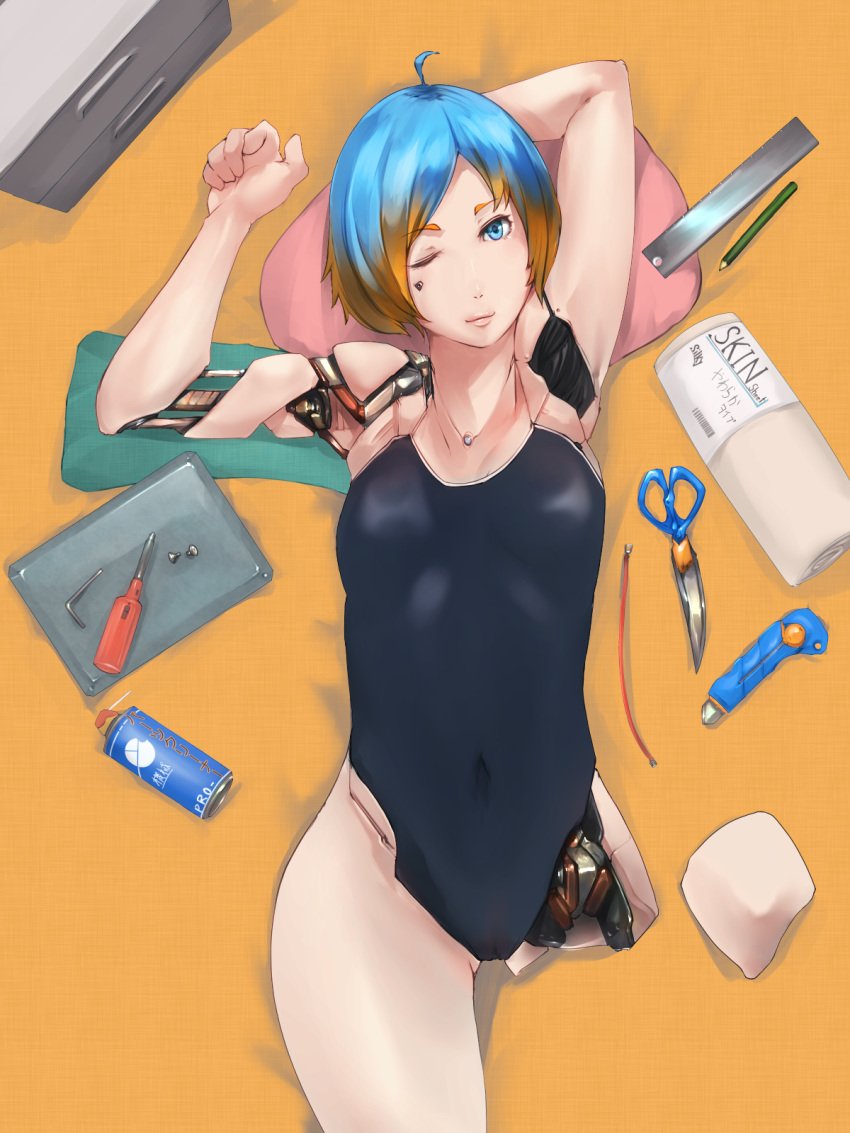 1girl amputee android blue_hair cameltoe female gradient_hair highres lying multicolored_hair on_back one-piece_swimsuit one_eye_closed original parts_exposed ruler scissors screwdriver short_hair solo swimsuit vi2
