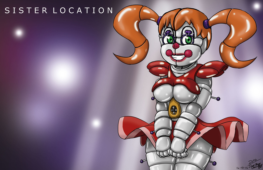 2016 animatronic baby_(fnafsl) big_breasts breasts bright_background digital_media_(artwork) dipgd female five_nights_at_freddy's glowing glowing_eyes green_eyes hair humanoid machine not_furry orange_hair robot sister_location smile solo video_games