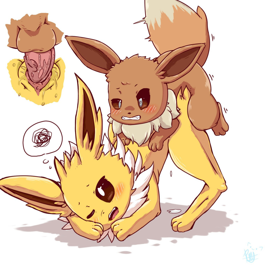 all_fours ass_up balls blush brown_eyes brown_fur canid canine chest_tuft clenched_teeth close-up cute_fangs dipstick_tail doggystyle dripping duo eevee eeveelution female fluffy fluffy_tail from_behind_position fur head_down interspecies jolteon larger_female long_ears looking_pleasured male male/female mammal motion_lines multicolored_tail nintendo one_eye_closed open_mouth penis pink_penis plattyneko pok&eacute;mon pok&eacute;mon_(species) pussy_juice sex size_difference smaller_male snout teeth thought_bubble tuft video_games white_fur yellow_fur