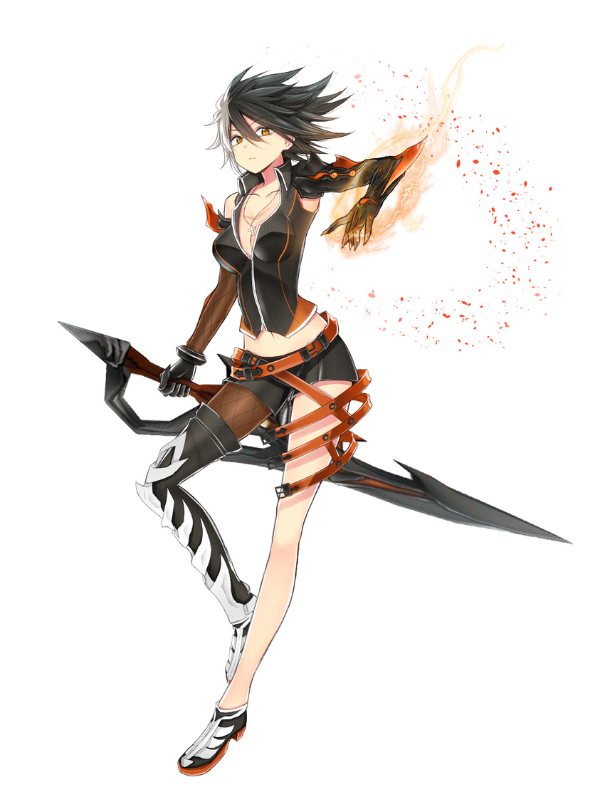 &gt;:( aura bangs black_footwear black_gloves black_hair black_legwear black_vest breasts cleavage closed_mouth collarbone commentary_request cross cross_necklace elsword fishnets frown full_body genderswap genderswap_(mtf) gloves highres holding holding_sword holding_weapon impossible_clothes jewelry looking_at_viewer mechanical_arm medium_breasts midriff mismatched_sleeves moyashi_(rina) multicolored_hair necklace raven_(elsword) reckless_fist_(elsword) reverse_grip shoes short_hair shorts single_glove single_thighhigh solo spiked_hair swept_bangs sword thighhighs two-tone_hair v-shaped_eyebrows vest weapon white_background white_hair yellow_eyes