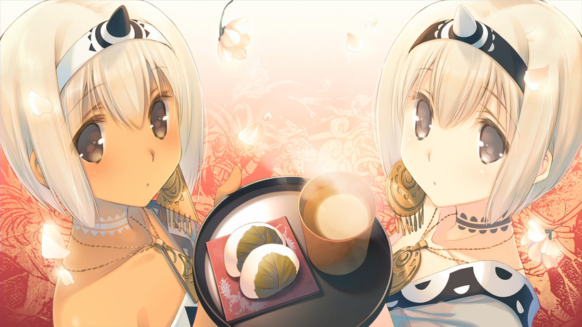 brown_eyes carrying cup dark_skin drink flower food hairband highres horn jewelry looking_at_viewer mitsumi_misato multiple_girls necklace official_art petals sarana short_hair siblings sisters tray twins uruuru utawareru_mono utawareru_mono:_itsuwari_no_kamen white_hair