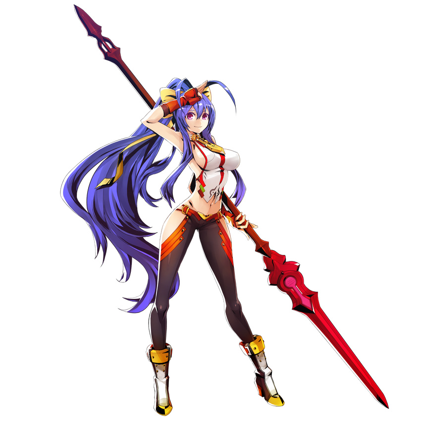 antenna_hair backless_outfit bangs bare_shoulders black_pants blazblue blazblue:_central_fiction blue_hair boots bow breasts fingerless_gloves full_body genderswap genderswap_(mtf) gloves hair_between_eyes hair_bow halter_top halterneck hand_on_head high_heel_boots high_heels highres holding holding_weapon katou_yuuki large_breasts long_hair looking_at_viewer lowleg lowleg_pants mai_natsume midriff navel no_bra no_panties official_art outseal pants polearm ponytail purple_eyes revealing_clothes ribbon salute sideboob sidelocks smile solo spear standing thighs transparent_background very_long_hair weapon yellow_bow