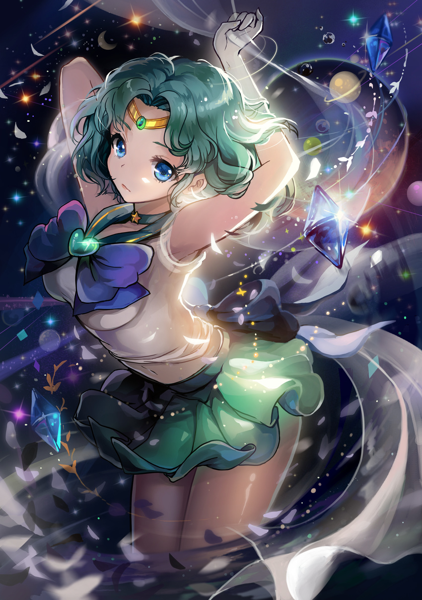 absurdres aqua_hair arms_up bishoujo_senshi_sailor_moon blue_bow blue_eyes bow brooch choker circlet cowboy_shot expressionless gem gloves green_skirt highres jewelry kaiou_michiru looking_at_viewer magical_girl pleated_skirt sailor_collar sailor_neptune sailor_senshi_uniform saya_(mychristian2) short_hair skirt solo star star_choker super_sailor_neptune tiara white_gloves