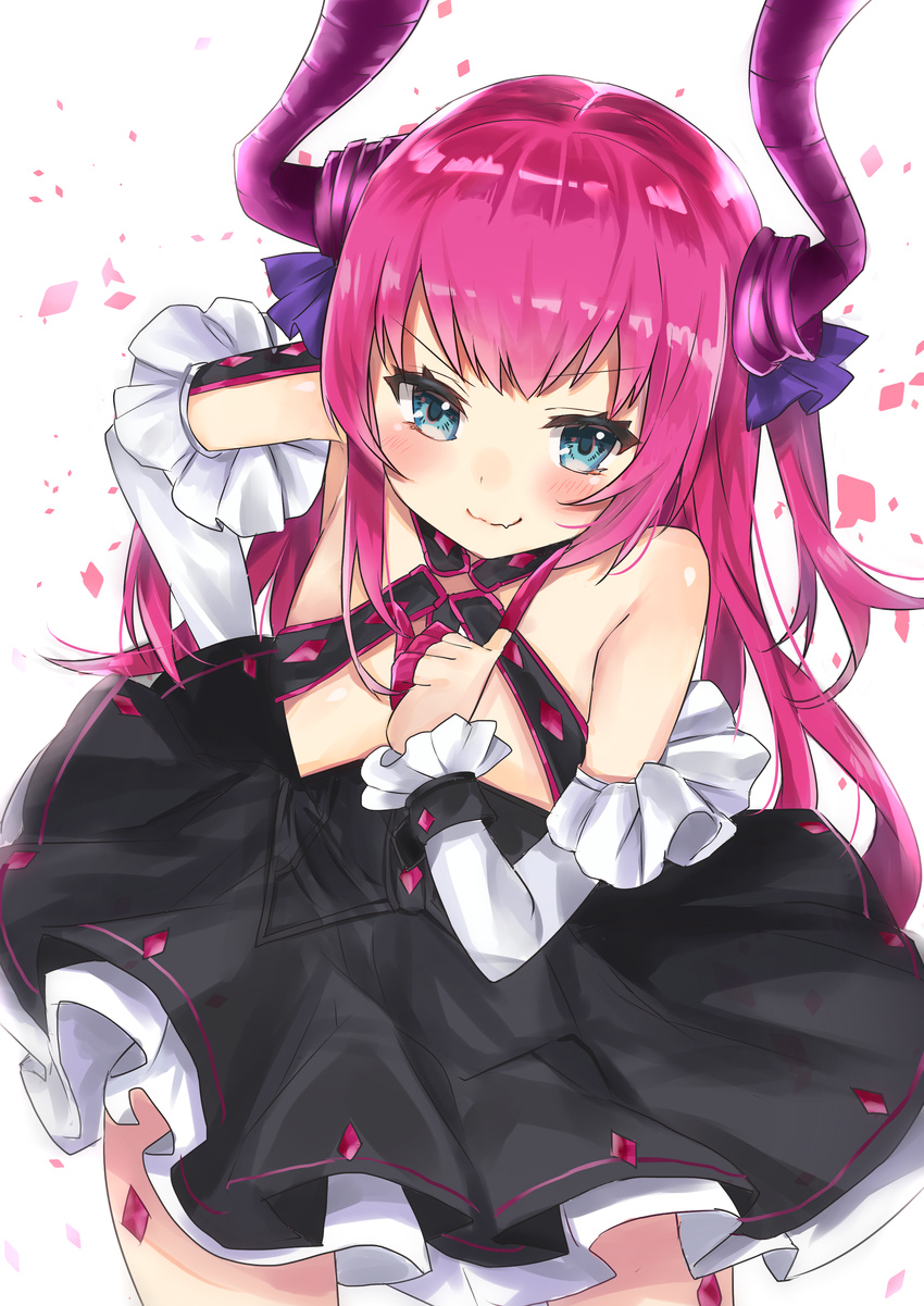 absurdres bare_shoulders black_dress blue_eyes blush curled_horns detached_sleeves dress elizabeth_bathory_(fate) elizabeth_bathory_(fate)_(all) elizabeth_bathory_(halloween)_(fate) eyelashes fate/grand_order fate_(series) frilled_sleeves frills hair_ribbon highres horns long_hair looking_up nanakagura pink_hair ribbon smile solo