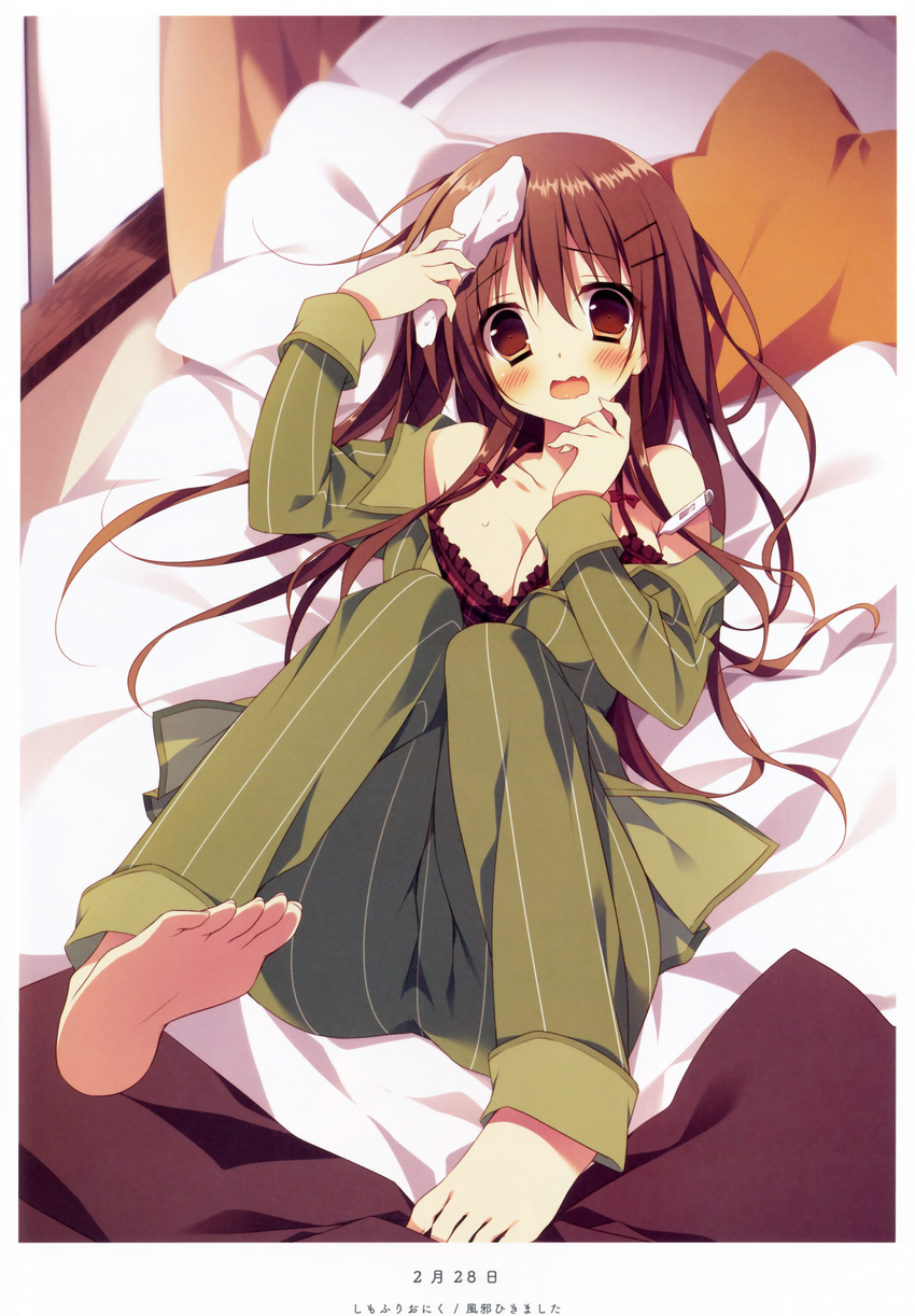 absurdres barefoot bed black_bra blush bow bow_bra bra breasts brown_eyes brown_hair cleavage collarbone eyebrows eyebrows_visible_through_hair feet frilled_bra frills hair_between_eyes hair_ornament highres indoors large_breasts long_hair looking_at_viewer lying off_shoulder on_back oniku_(shimofuri-ke) open_mouth original pajamas pillow plaid plaid_bra soles solo star star_pillow striped thermometer toes underwear