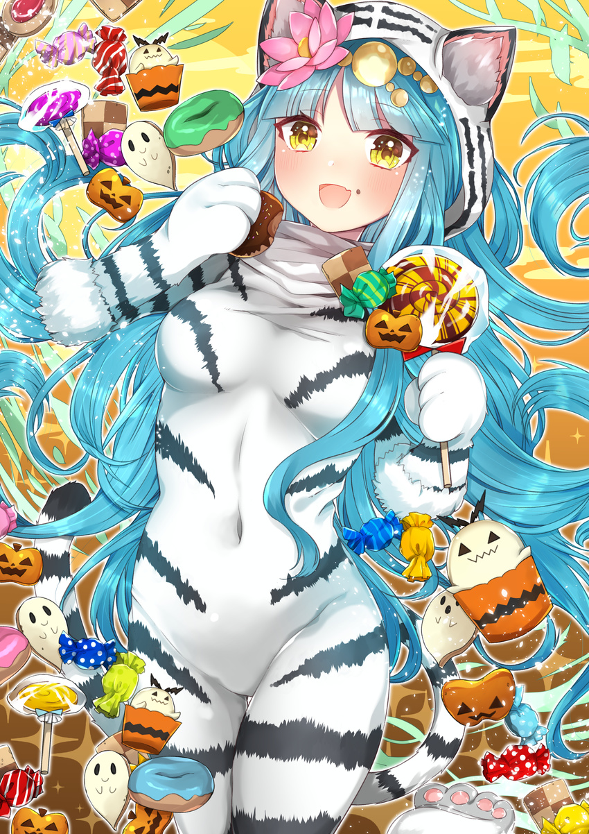 absurdres akirannu animal_costume animal_ears animal_print aqua_hair bite_mark blush candy cookie cosplay covered_navel doughnut fang flower food food_on_face fur_trim ghost hair_flower hair_ornament halloween headdress highres jack-o'-lantern kigurumi lollipop long_hair looking_at_viewer lotus open_mouth parvati_(p&amp;d) puzzle_&amp;_dragons solo tail thigh_gap tiger_costume tiger_print very_long_hair yellow_eyes