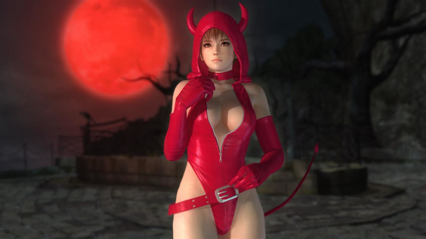 1girl 3d breasts dead_or_alive dead_or_alive_5 halloween kasumi_(doa) large_breasts moon night official_art solo tecmo