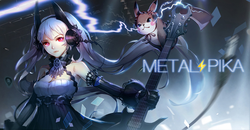 alternate_color arm_at_side bangs bare_shoulders black_gloves breasts character_name chin_strap cleavage closed_mouth clothed_pokemon cross detached_collar electric_guitar electricity eyelashes floating floating_card floating_hair floating_object gen_1_pokemon gloves guitar headphones highres holding instrument lace lace-trimmed_gloves lace_trim lightning_bolt long_hair looking_at_viewer medium_breasts motion_blur neck_ribbon original outstretched_arm pcw pikachu plectrum pokemon pokemon_(creature) red_eyes red_lips ribbon silver_hair stage stage_lights striped striped_ribbon transparent twintails upper_body very_long_hair white_hair wire