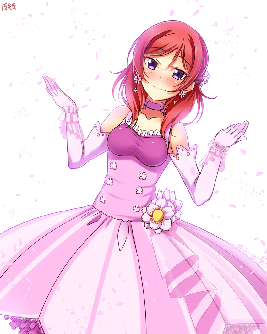 choker collarbone dated dress dutch_angle earrings elbow_gloves flower gloves hair_flower hair_ornament highres jewelry long_hair looking_at_viewer love_live! love_live!_school_idol_project nishikino_maki pink_dress pink_gloves purple_eyes purple_ribbon red_hair ribbon ribbon_choker see-through simple_background smile solo white_background wrist_cuffs yu-ta