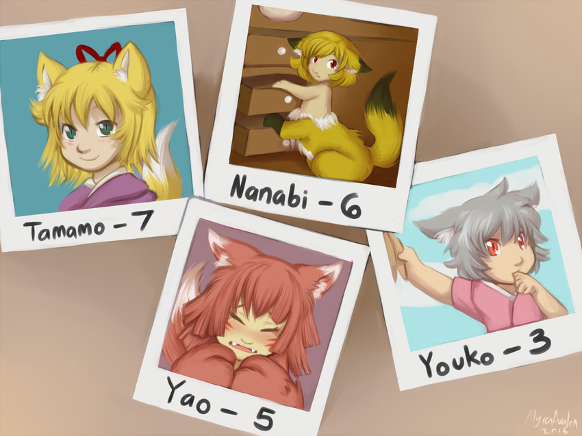 4girls animal_ears artist_name blonde_hair blush centauroid character_age character_name chest_of_drawers child closed_eyes fangs fox_ears fox_tail green_eyes grey_hair holding_hands kitsune_(mon-musu_quest!) looking_at_viewer mon-musu_quest! monster_girl multiple_girls myra-avalon nanabi_(mon-musu_quest!) paws photo_(object) red_eyes red_hair short_hair signature slit_pupils smile tail tamamo_(mon-musu_quest!) thumb_sucking whisker_markings yao_(mon-musu_quest!) younger