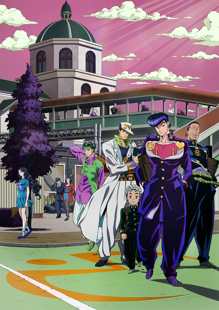 6+boys blue_eyes building cloud coat gakuran hat higashikata_jousuke higashikata_tomoko highres hirose_kouichi jacket jojo_no_kimyou_na_bouken joseph_joestar key_visual kishibe_rohan kuujou_joutarou long_sleeves looking_at_viewer multiple_boys multiple_girls nijimura_okuyasu official_art outdoors pants peace_symbol pompadour purple_sky school_uniform standing tree walking yamagishi_yukako